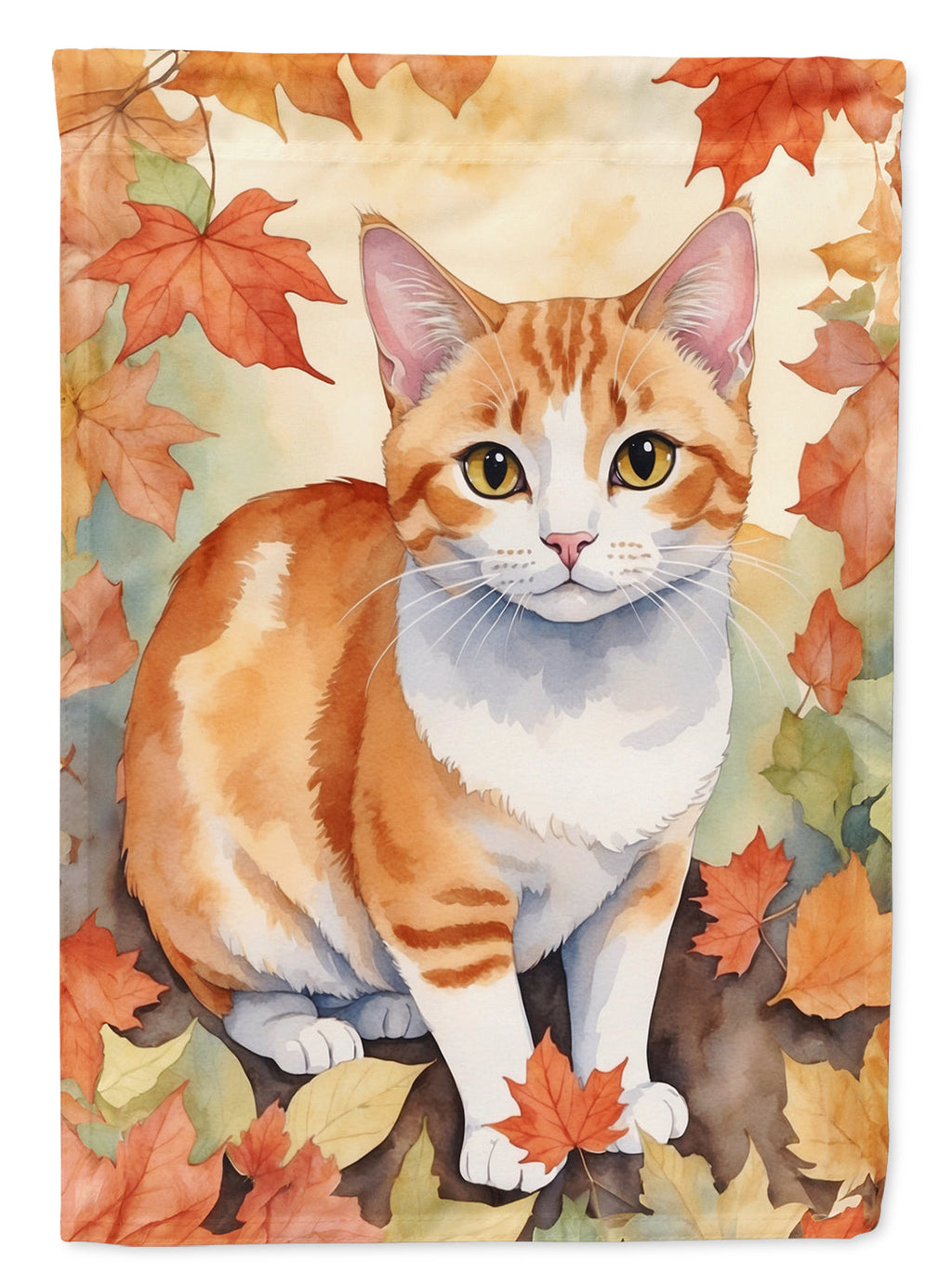 Japanese Bobtail Cat in Fall Leaves House Flag 28x40 Porch Sleeve Pole Decorative Outside Yard Banner Artwork Wall Hanging, Polyester