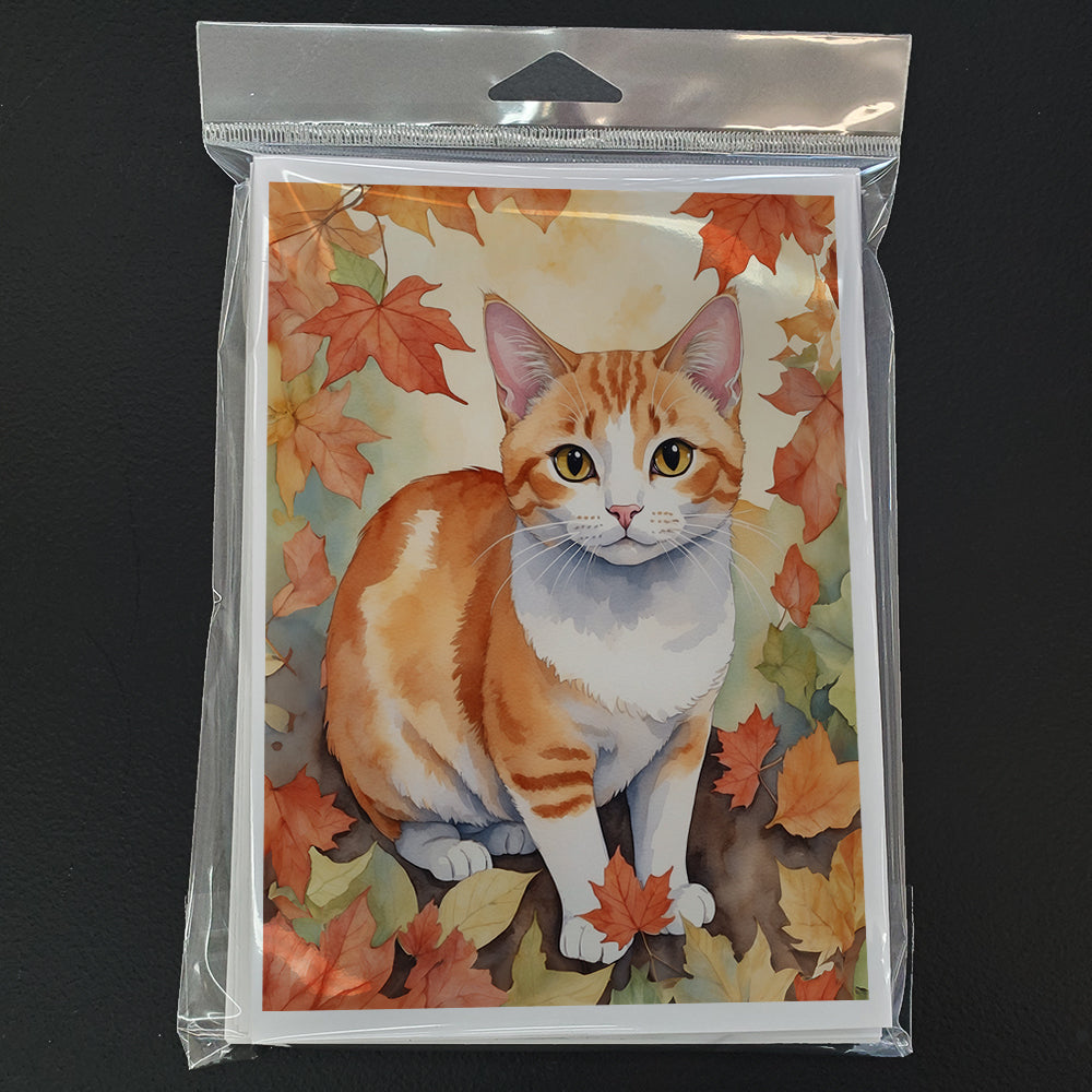 Japanese Bobtail Cat in Fall Leaves Greeting Cards Pack of 8 Blank Cards with Envelopes Whimsical A7 Size 5x7