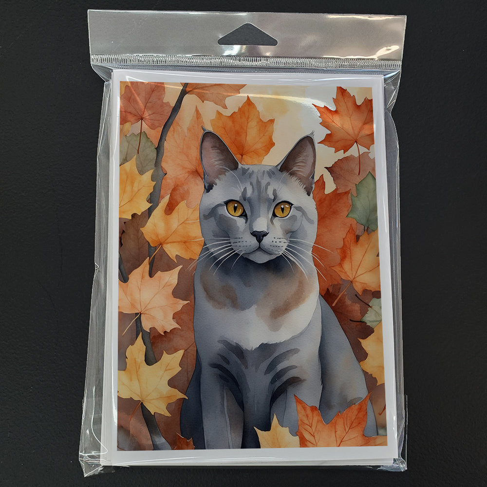 Korat Cat in Fall Leaves Greeting Cards Pack of 8 Blank Cards with Envelopes Whimsical A7 Size 5x7