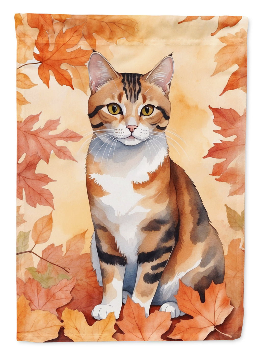 Korean Bobtail Cat in Fall Leaves House Flag 28x40 Porch Sleeve Pole Decorative Outside Yard Banner Artwork Wall Hanging, Polyester