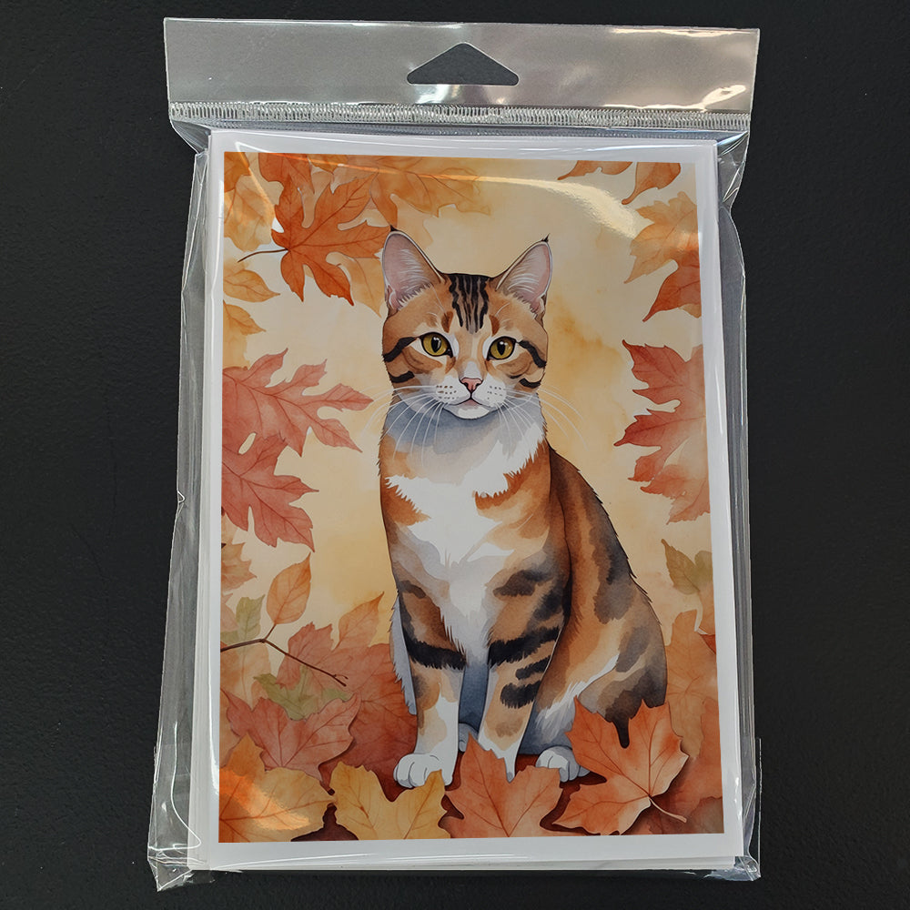 Korean Bobtail Cat in Fall Leaves Greeting Cards Pack of 8 Blank Cards with Envelopes Whimsical A7 Size 5x7