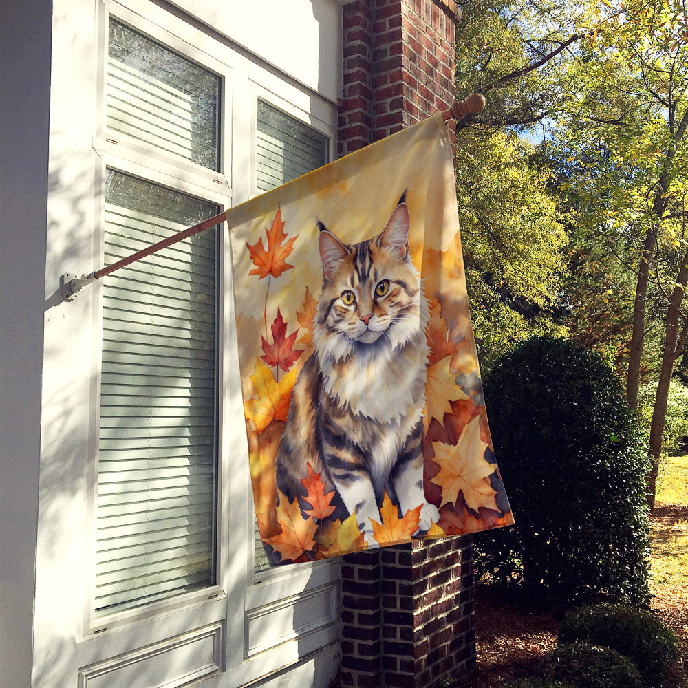 Kurilian Bobtail Cat in Fall Leaves House Flag 28x40 Porch Sleeve Pole Decorative Outside Yard Banner Artwork Wall Hanging, Polyester
