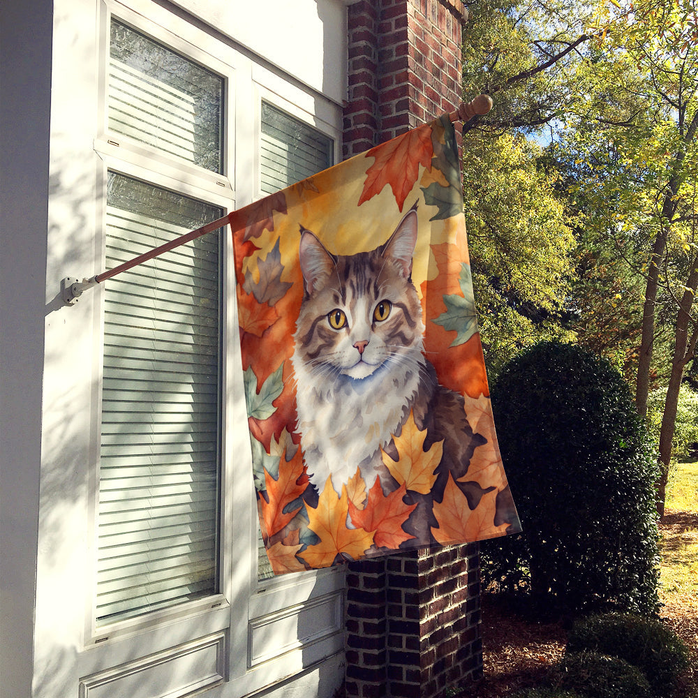 La Perm Cat in Fall Leaves House Flag 28x40 Porch Sleeve Pole Decorative Outside Yard Banner Artwork Wall Hanging, Polyester