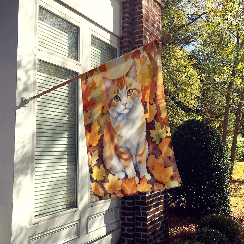 Manx Cat in Fall Leaves House Flag 28x40 Porch Sleeve Pole Decorative Outside Yard Banner Artwork Wall Hanging, Polyester
