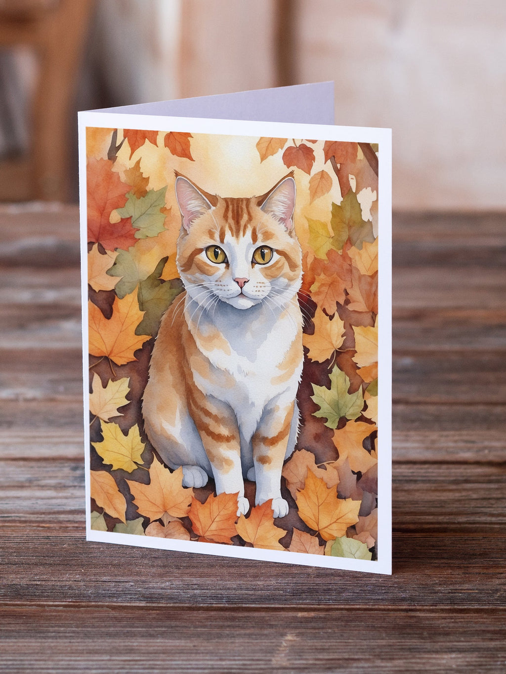 Manx Cat in Fall Leaves Greeting Cards Pack of 8 Blank Cards with Envelopes Whimsical A7 Size 5x7