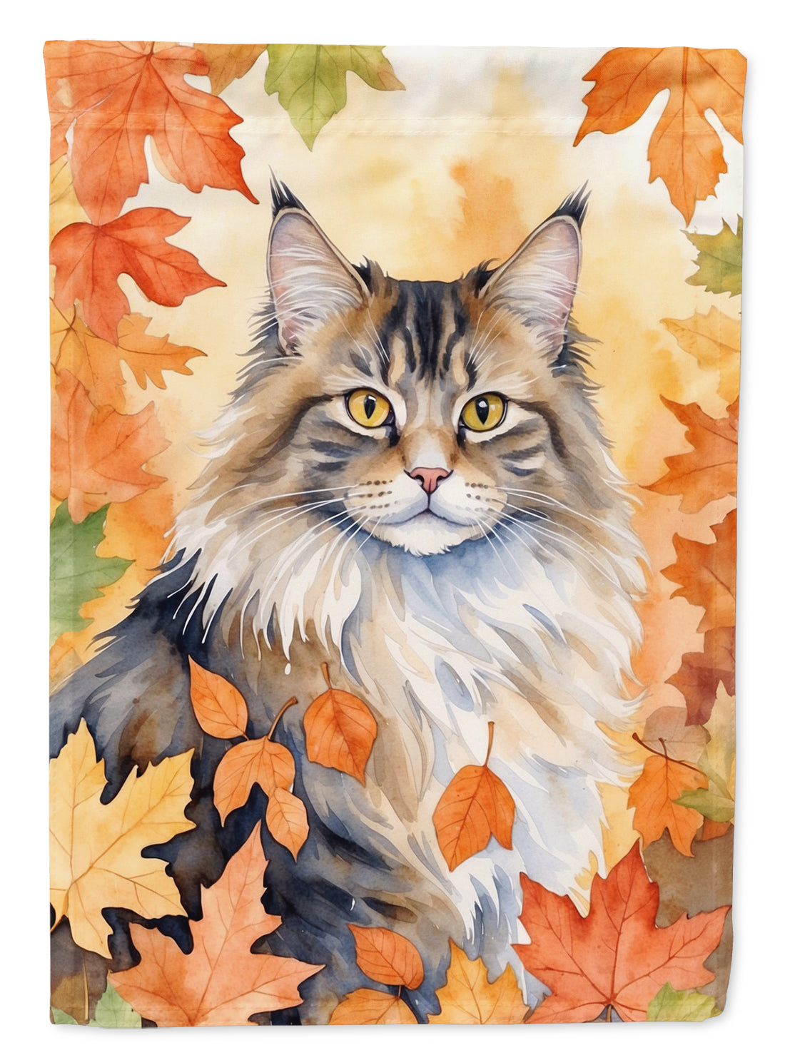 Norwegian Forest Cat in Fall Leaves House Flag 28x40 Porch Sleeve Pole Decorative Outside Yard Banner Artwork Wall Hanging, Polyester