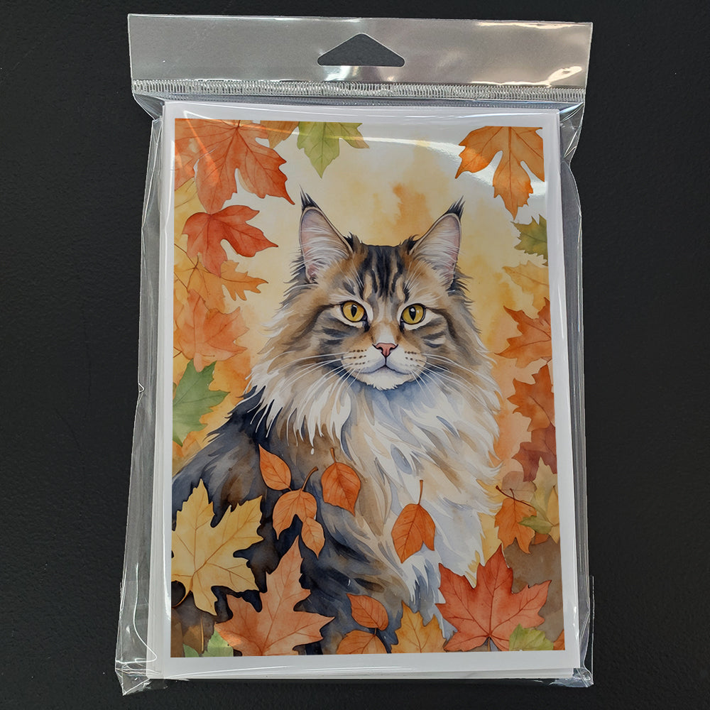 Norwegian Forest Cat in Fall Leaves Greeting Cards Pack of 8 Blank Cards with Envelopes Whimsical A7 Size 5x7