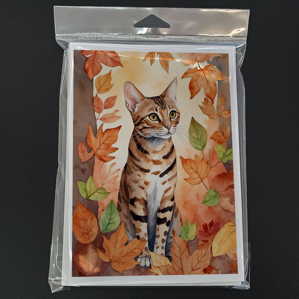 Ocicat Cat in Fall Leaves Greeting Cards Pack of 8 Blank Cards with Envelopes Whimsical A7 Size 5x7