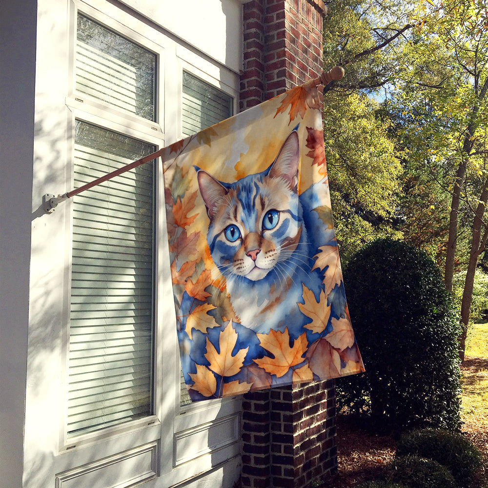 Ojos Azules Cat in Fall Leaves House Flag 28x40 Porch Sleeve Pole Decorative Outside Yard Banner Artwork Wall Hanging, Polyester