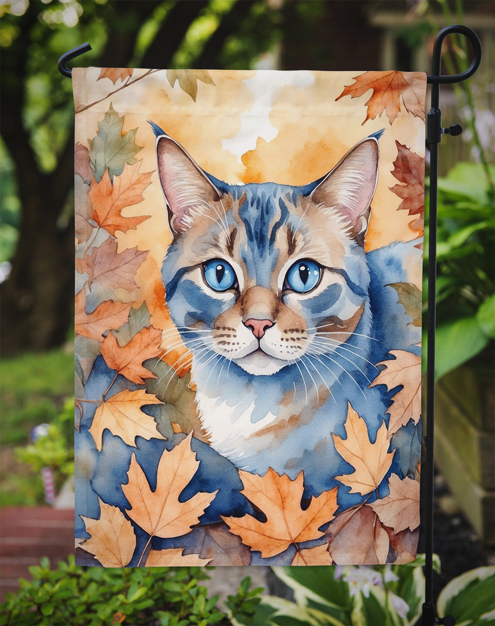 Ojos Azules Cat in Fall Leaves Garden Flag Mailbox Decorative Yard Banner Outside Patio Artwork for Flower Beds, Garden Size, Multicolor