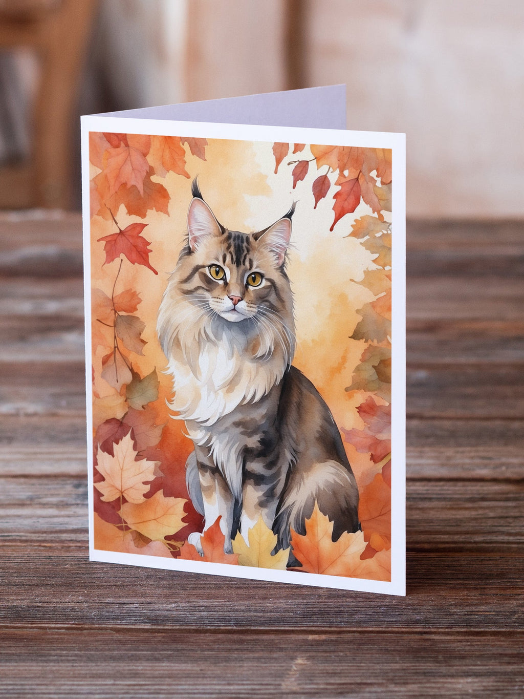 Oriental Longhair Cat in Fall Leaves Greeting Cards Pack of 8 Blank Cards with Envelopes Whimsical A7 Size 5x7