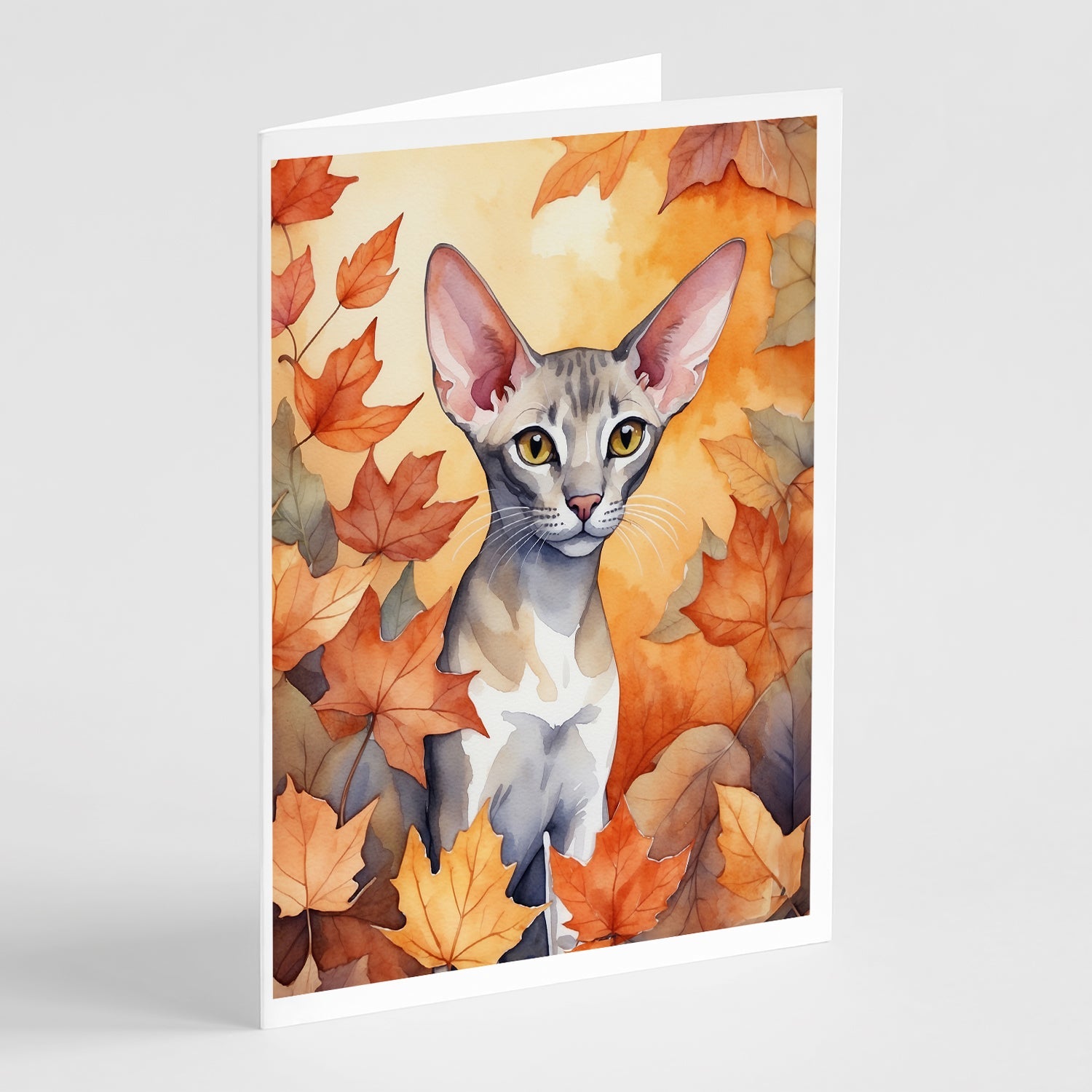 Oriental Shorthair Cat in Fall Leaves Greeting Cards Pack of 8 Blank Cards with Envelopes Whimsical A7 Size 5x7