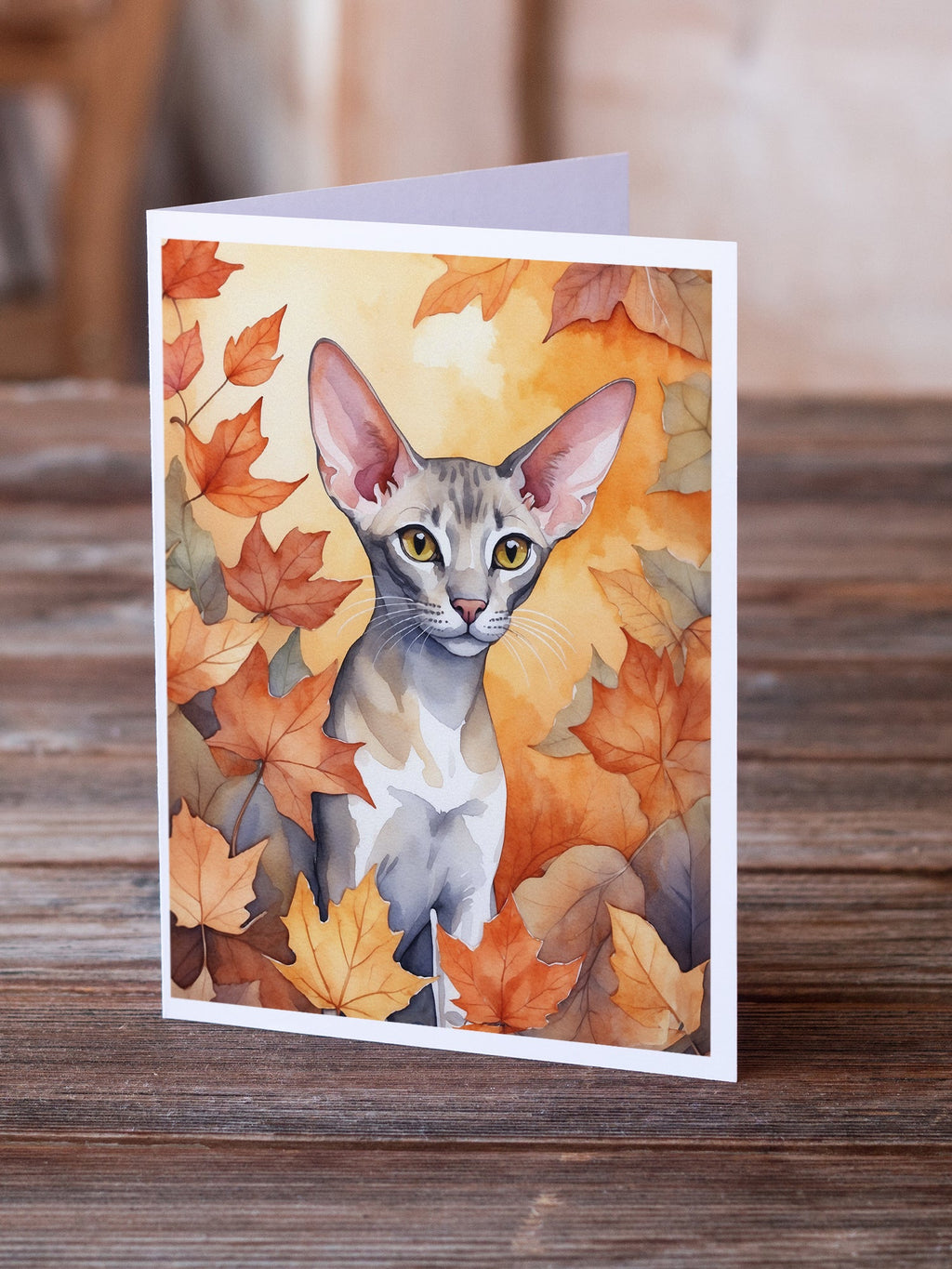 Oriental Shorthair Cat in Fall Leaves Greeting Cards Pack of 8 Blank Cards with Envelopes Whimsical A7 Size 5x7