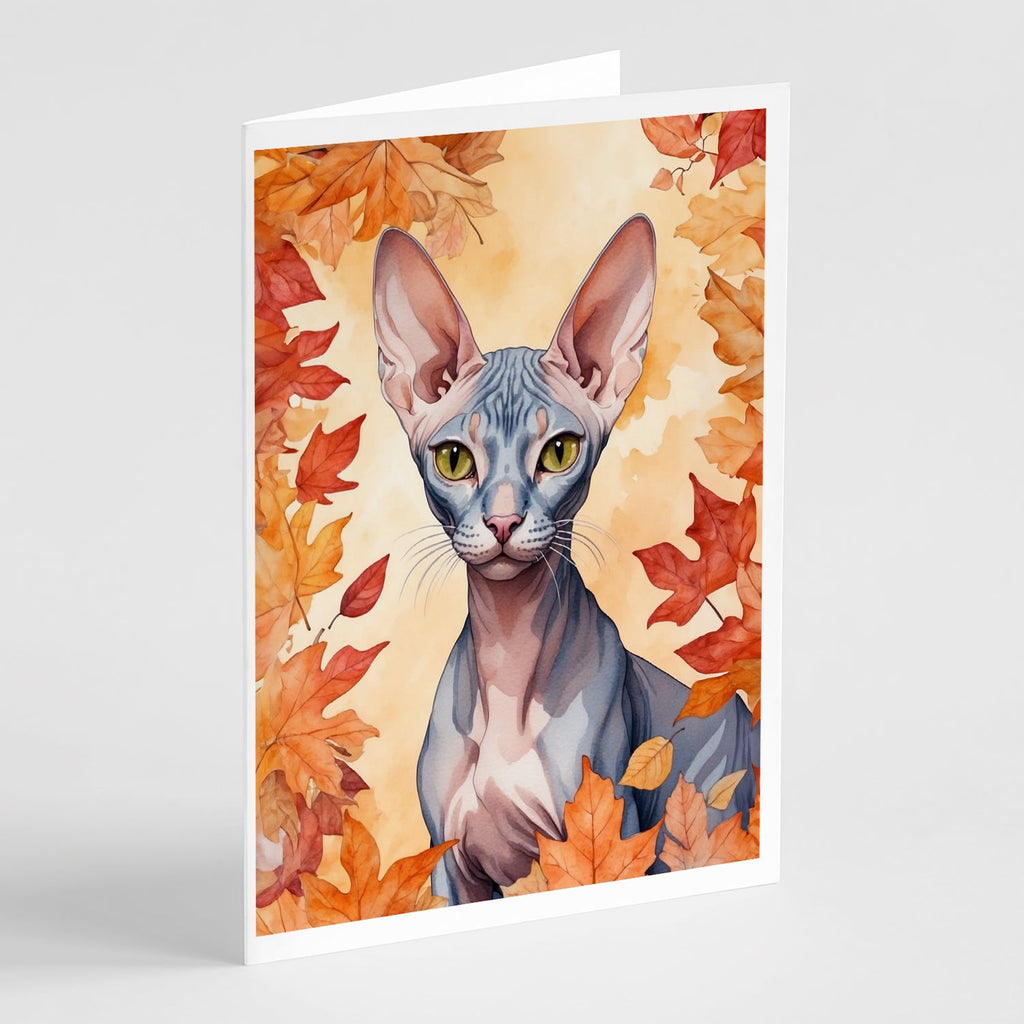 Peterbald Cat in Fall Leaves Greeting Cards Pack of 8 Blank Cards with Envelopes Whimsical A7 Size 5x7