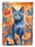 Russian Blue Cat in Fall Leaves House Flag 28x40 Porch Sleeve Pole Decorative Outside Yard Banner Artwork Wall Hanging, Polyester