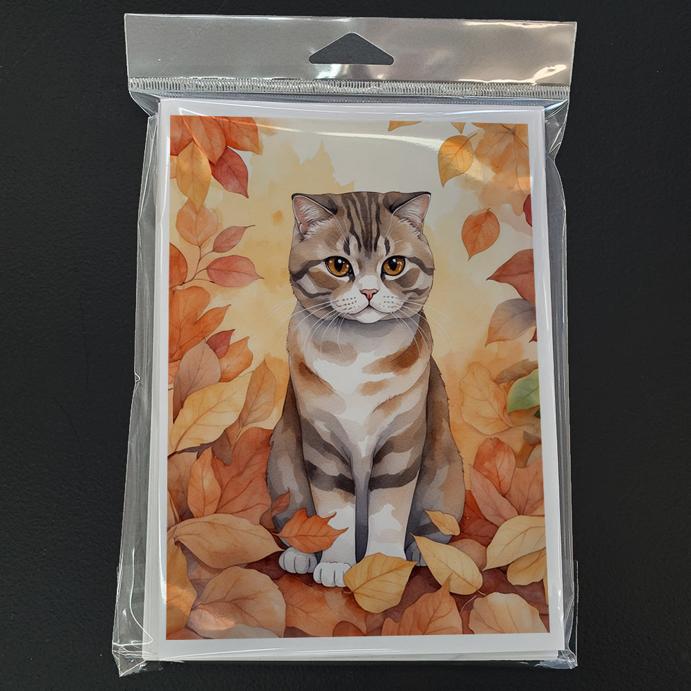 Scottish Fold Cat in Fall Leaves Greeting Cards Pack of 8 Blank Cards with Envelopes Whimsical A7 Size 5x7
