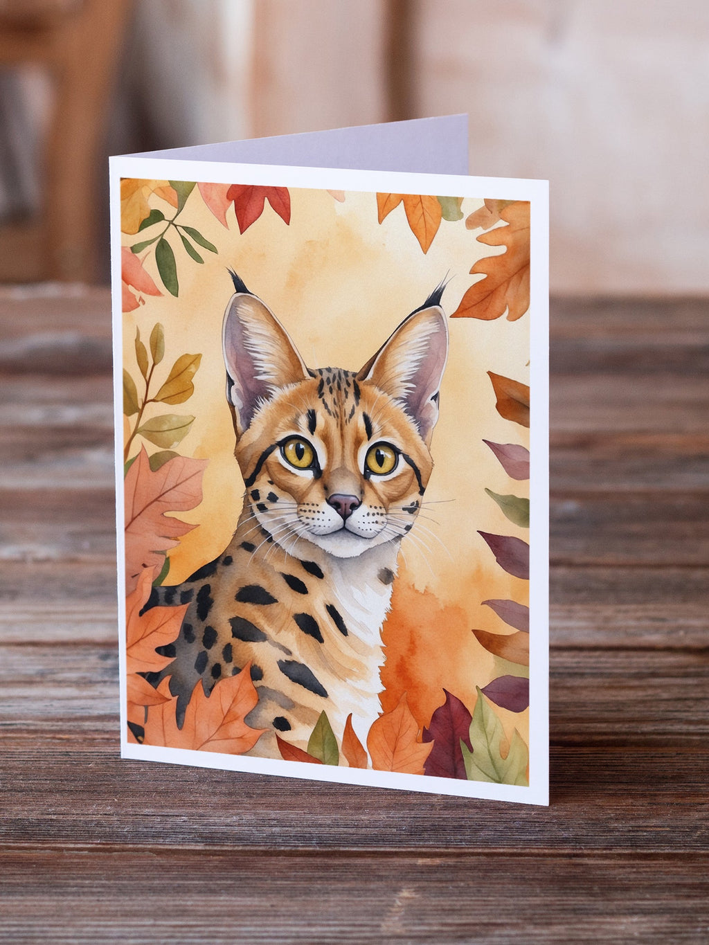 Serengeti Cat in Fall Leaves Greeting Cards Pack of 8 Blank Cards with Envelopes Whimsical A7 Size 5x7