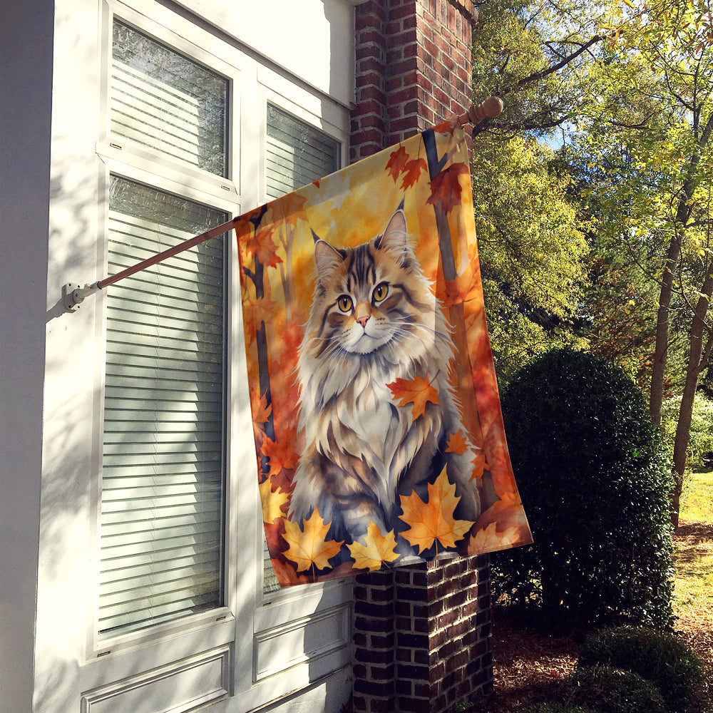 Siberian Cat in Fall Leaves House Flag 28x40 Porch Sleeve Pole Decorative Outside Yard Banner Artwork Wall Hanging, Polyester