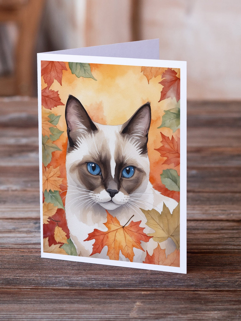 Snowshoe Cat in Fall Leaves Greeting Cards Pack of 8 Blank Cards with Envelopes Whimsical A7 Size 5x7