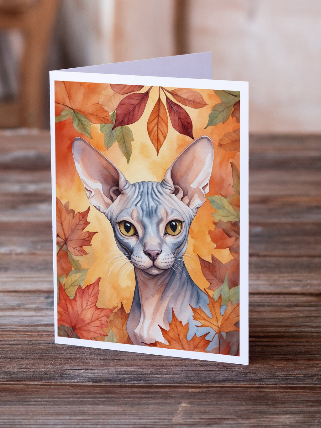 Sphynx Cat in Fall Leaves Greeting Cards Pack of 8 Blank Cards with Envelopes Whimsical A7 Size 5x7