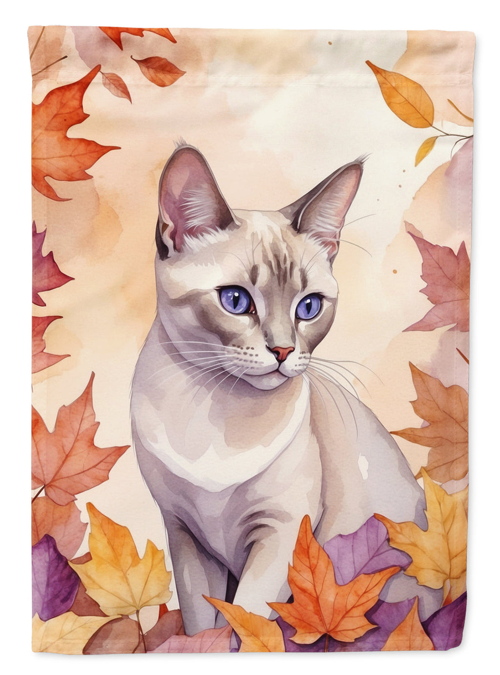 Thai Lilac Cat in Fall Leaves House Flag 28x40 Porch Sleeve Pole Decorative Outside Yard Banner Artwork Wall Hanging, Polyester