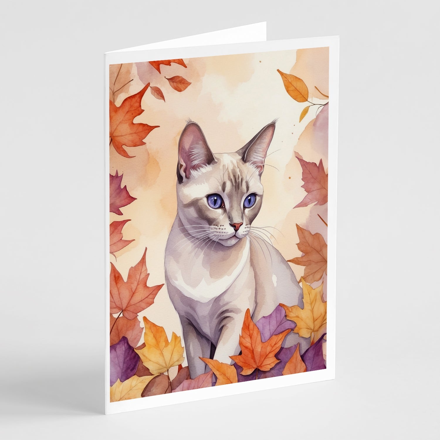 Thai Lilac Cat in Fall Leaves Greeting Cards Pack of 8 Blank Cards with Envelopes Whimsical A7 Size 5x7