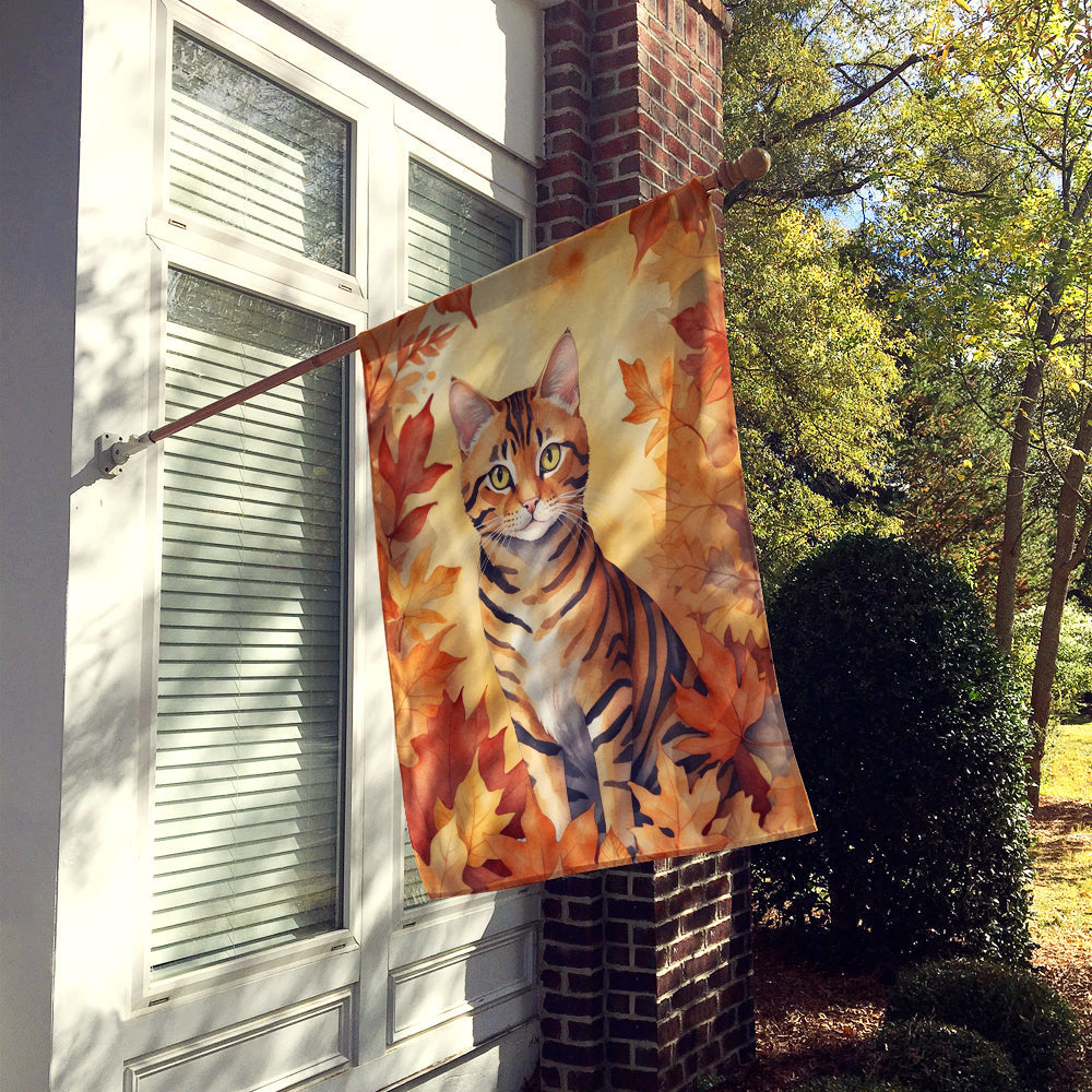 Toyger Cat in Fall Leaves House Flag 28x40 Porch Sleeve Pole Decorative Outside Yard Banner Artwork Wall Hanging, Polyester