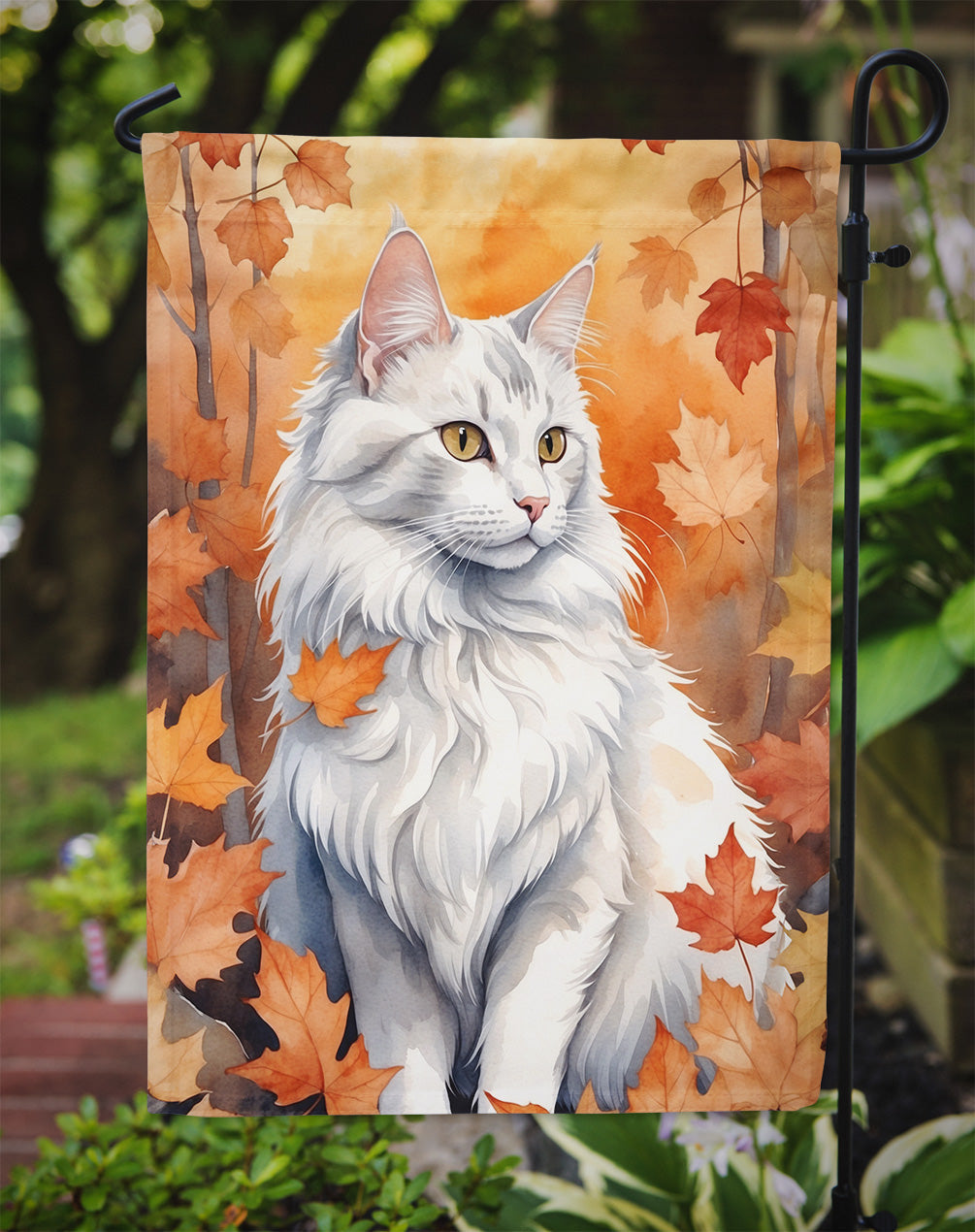 Turkish Angora Cat in Fall Leaves Garden Flag Mailbox Decorative Yard Banner Outside Patio Artwork for Flower Beds, Garden Size, Multicolor