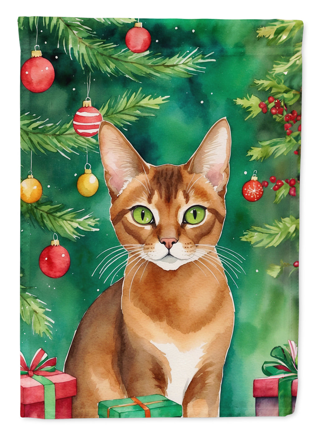 Abyssinian Cat By the Christmas Tree House Flag 28x40 Porch Sleeve Pole Decorative Outside Yard Banner Artwork Wall Hanging, Polyester