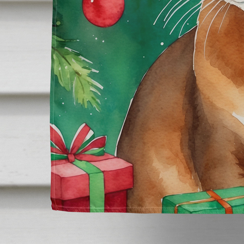 Abyssinian Cat By the Christmas Tree House Flag 28x40 Porch Sleeve Pole Decorative Outside Yard Banner Artwork Wall Hanging, Polyester