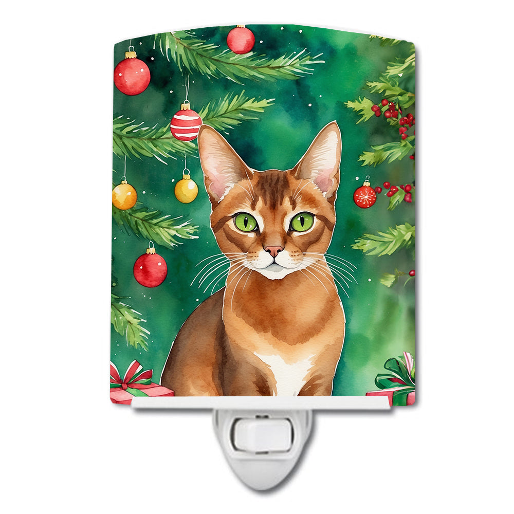 Abyssinian Cat By the Christmas Tree Ceramic Night Light Compact, UL-Certified, Ideal for Bedroom, Bathroom, Nursery, Hallway, Kitchen, 6x4x3, Multicolor