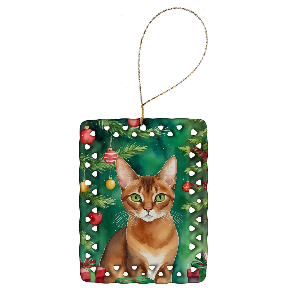 Abyssinian Cat By the Christmas Tree Porcelain Ornament Christmas Tree Hanging Decorations for Home Christmas Holiday, Rectangle, Gift, Multicolor