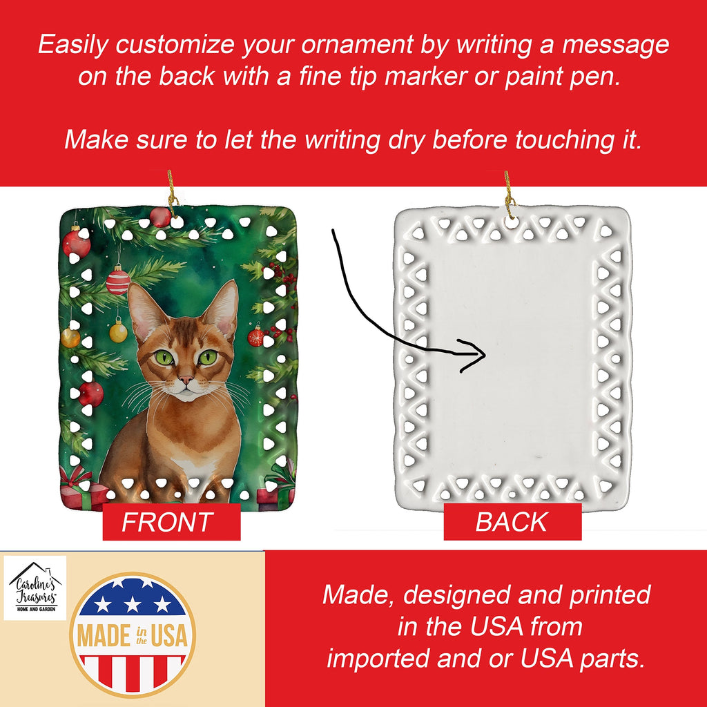 Abyssinian Cat By the Christmas Tree Porcelain Ornament Christmas Tree Hanging Decorations for Home Christmas Holiday, Rectangle, Gift, Multicolor