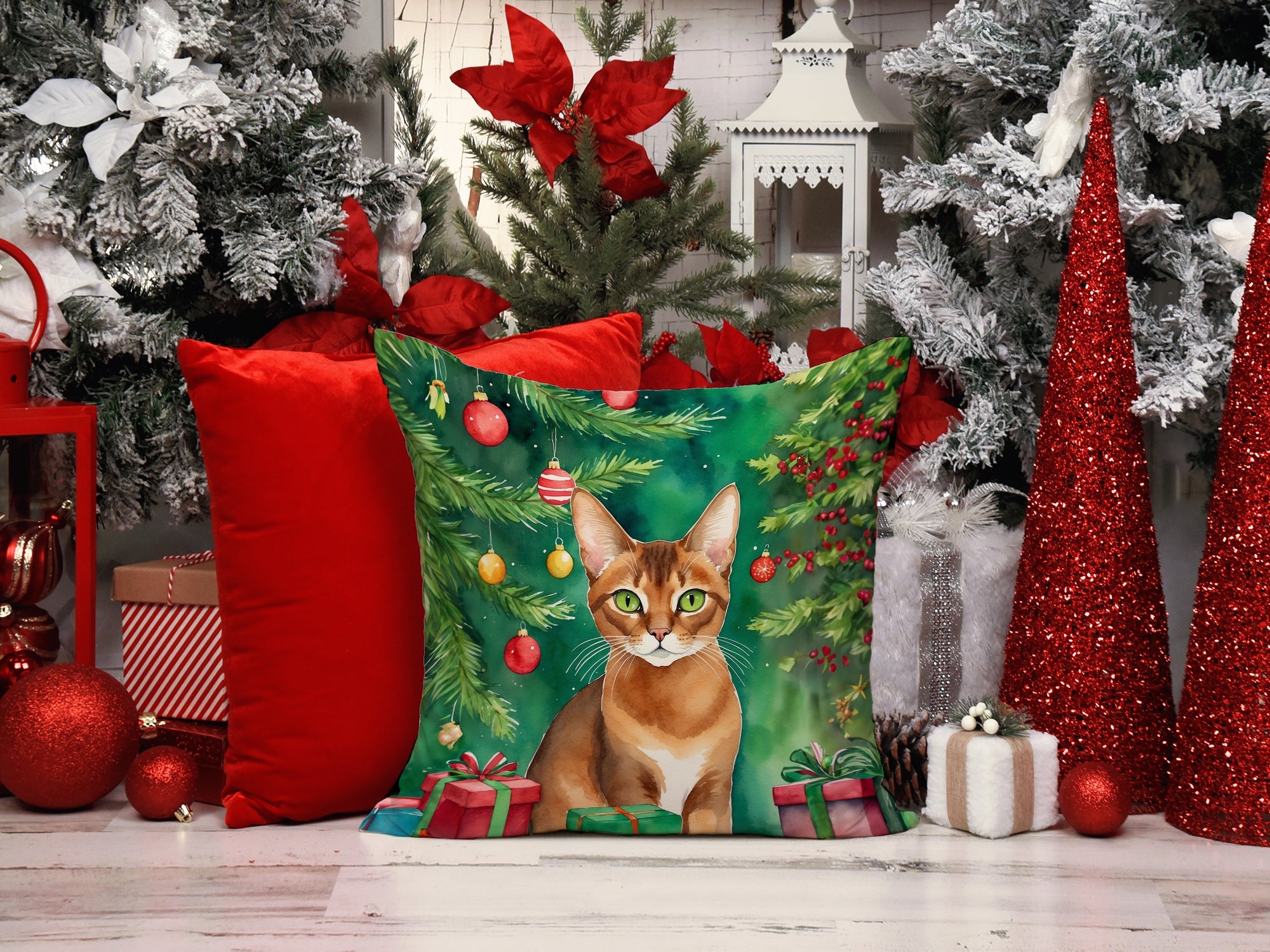 Abyssinian Cat By the Christmas Tree Decorative Throw Pillow 18x18 Indoor Outdoor Accent Cushion, Fabric Cover with Insert for Sofa, Bed, Porch & Living Room