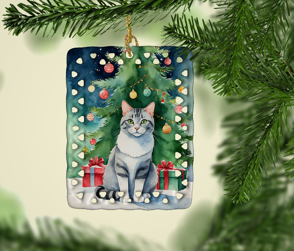 Aegean Cat By the Christmas Tree Porcelain Ornament Christmas Tree Hanging Decorations for Home Christmas Holiday, Rectangle, Gift, Multicolor