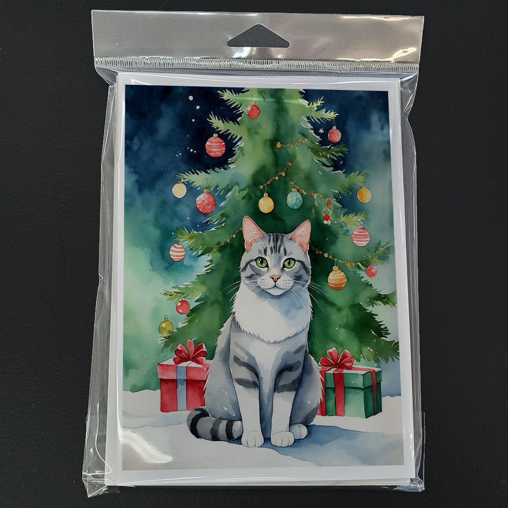 Aegean Cat By the Christmas Tree Greeting Cards Pack of 8 Blank Cards with Envelopes Whimsical A7 Size 5x7