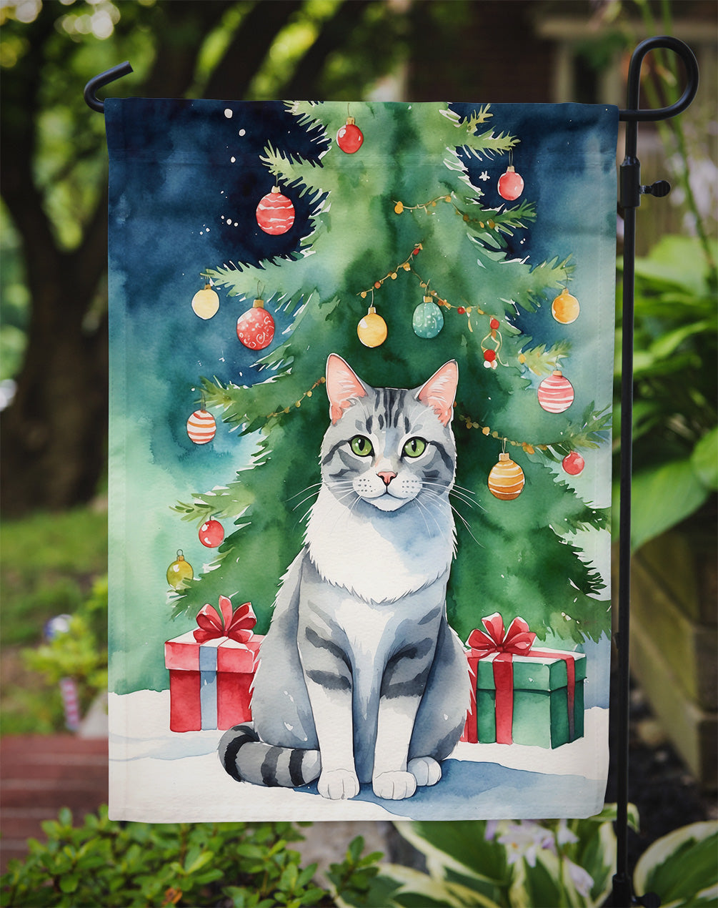 Aegean Cat By the Christmas Tree Garden Flag Mailbox Decorative Yard Banner Outside Patio Artwork for Flower Beds, Garden Size, Multicolor
