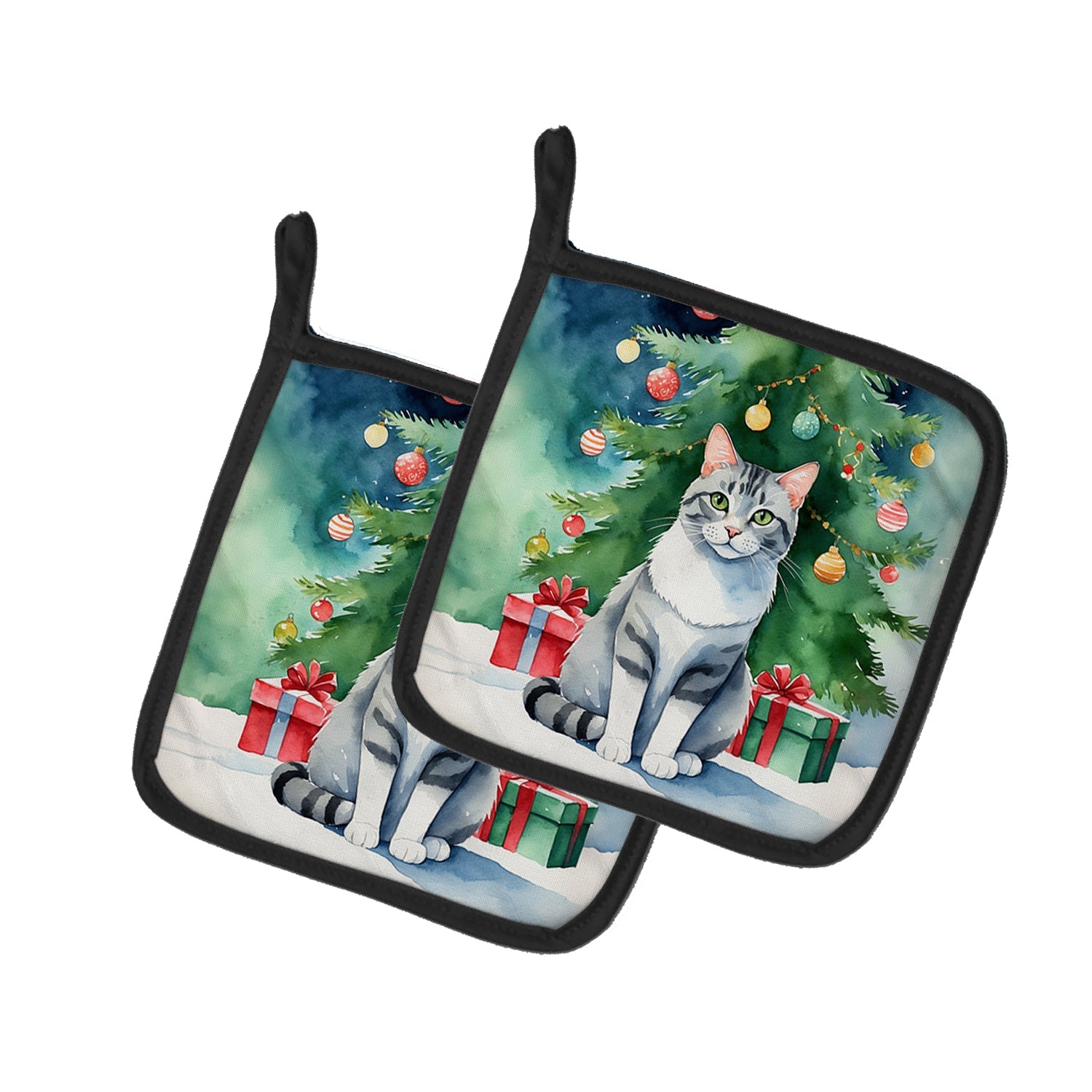 Aegean Cat By the Christmas Tree Pot Holder Set of 2 Heat Resistant Quilted Hot Pads 7.5 x 7.5 Inch, Insulated Kitchen Trivets for Cooking & Baking