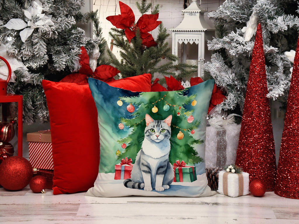 Aegean Cat By the Christmas Tree Decorative Throw Pillow 18x18 Indoor Outdoor Accent Cushion, Fabric Cover with Insert for Sofa, Bed, Porch & Living Room