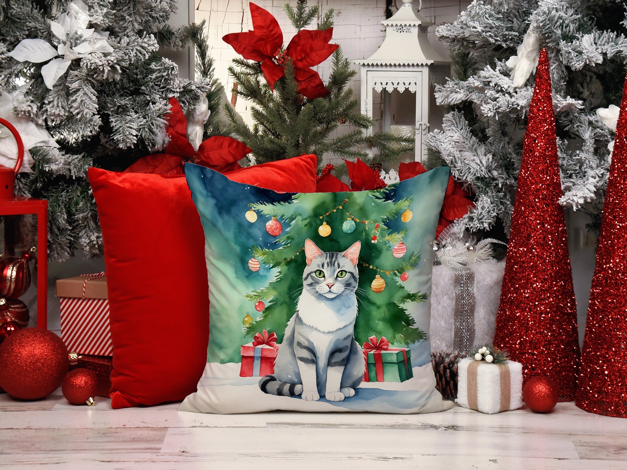 Aegean Cat By the Christmas Tree Decorative Throw Pillow 18x18 Indoor Outdoor Accent Cushion, Fabric Cover with Insert for Sofa, Bed, Porch & Living Room