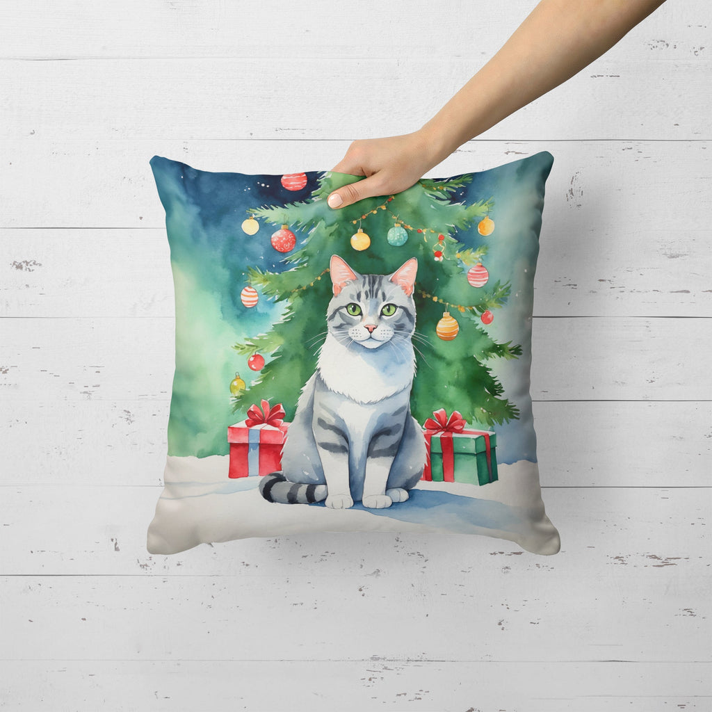 Aegean Cat By the Christmas Tree Decorative Throw Pillow 18x18 Indoor Outdoor Accent Cushion, Fabric Cover with Insert for Sofa, Bed, Porch & Living Room