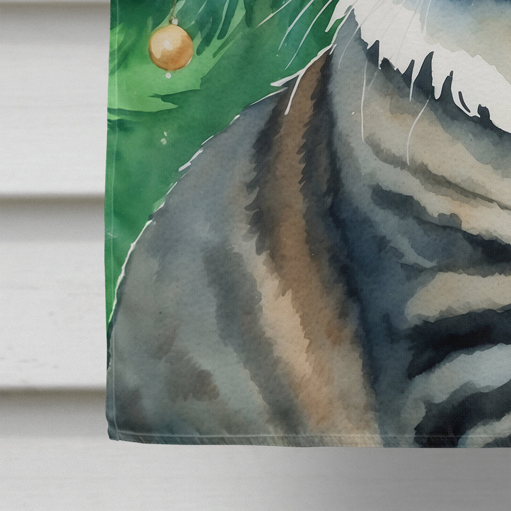 American Bobtail Cat By the Christmas Tree House Flag 28x40 Porch Sleeve Pole Decorative Outside Yard Banner Artwork Wall Hanging, Polyester