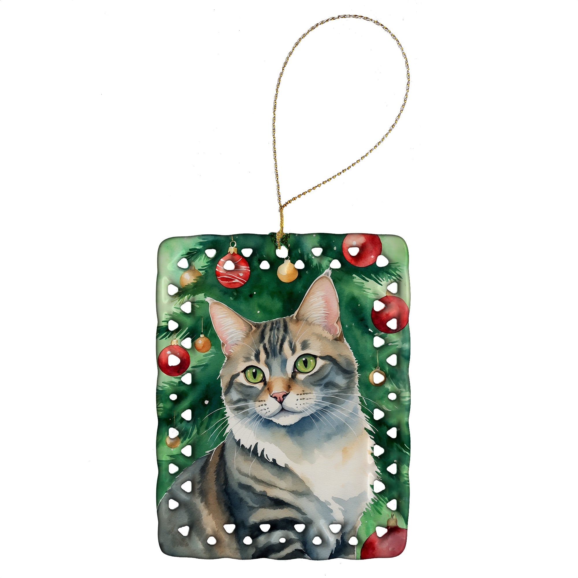 American Bobtail Cat By the Christmas Tree Porcelain Ornament Christmas Tree Hanging Decorations for Home Christmas Holiday, Rectangle, Gift, Multicolor