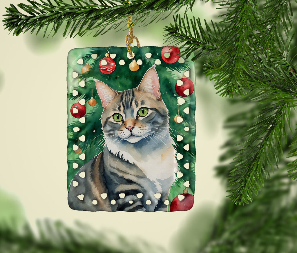 American Bobtail Cat By the Christmas Tree Porcelain Ornament Christmas Tree Hanging Decorations for Home Christmas Holiday, Rectangle, Gift, Multicolor