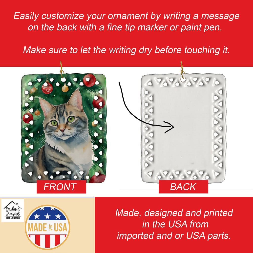 American Bobtail Cat By the Christmas Tree Porcelain Ornament Christmas Tree Hanging Decorations for Home Christmas Holiday, Rectangle, Gift, Multicolor