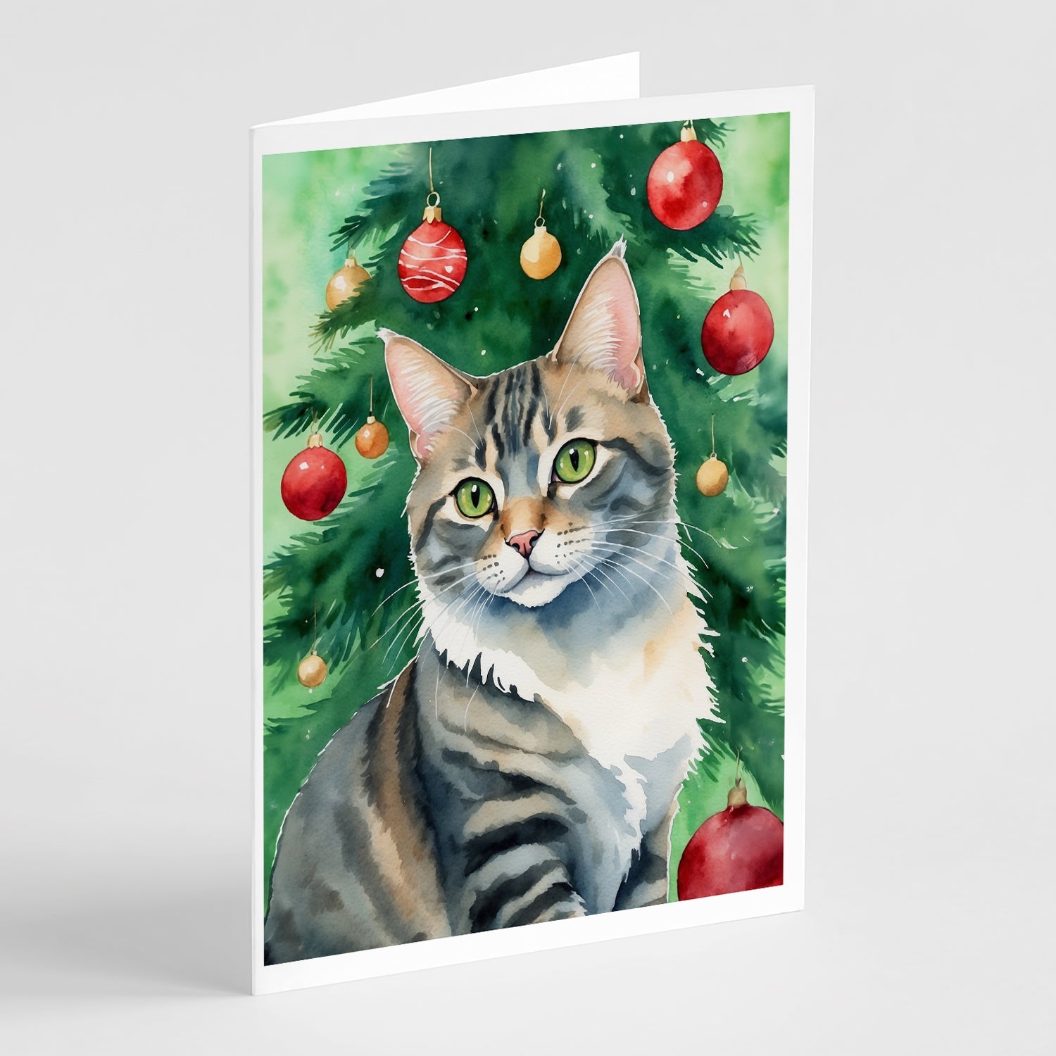 American Bobtail Cat By the Christmas Tree Greeting Cards Pack of 8 Blank Cards with Envelopes Whimsical A7 Size 5x7