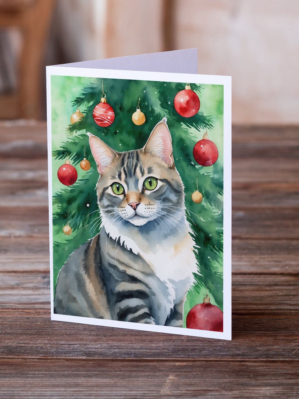 American Bobtail Cat By the Christmas Tree Greeting Cards Pack of 8 Blank Cards with Envelopes Whimsical A7 Size 5x7