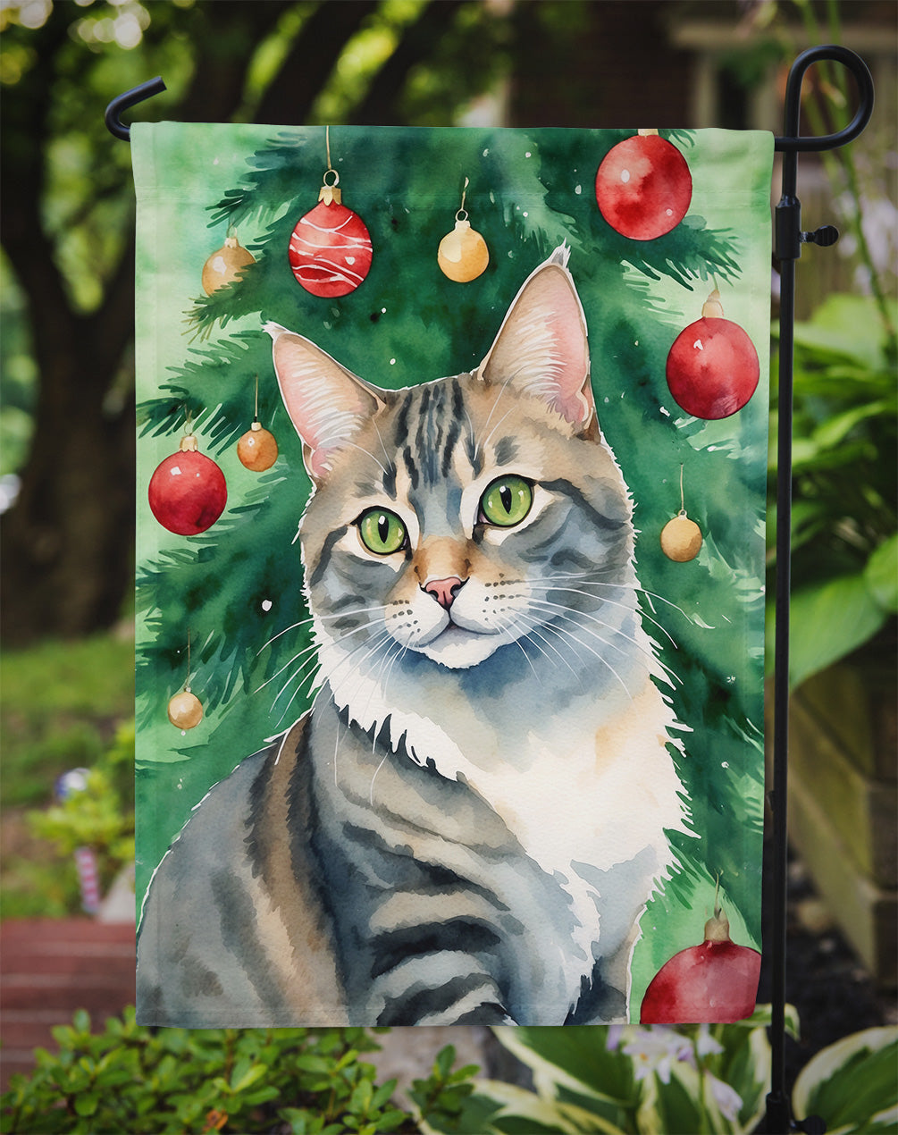 American Bobtail Cat By the Christmas Tree Garden Flag Mailbox Decorative Yard Banner Outside Patio Artwork for Flower Beds, Garden Size, Multicolor