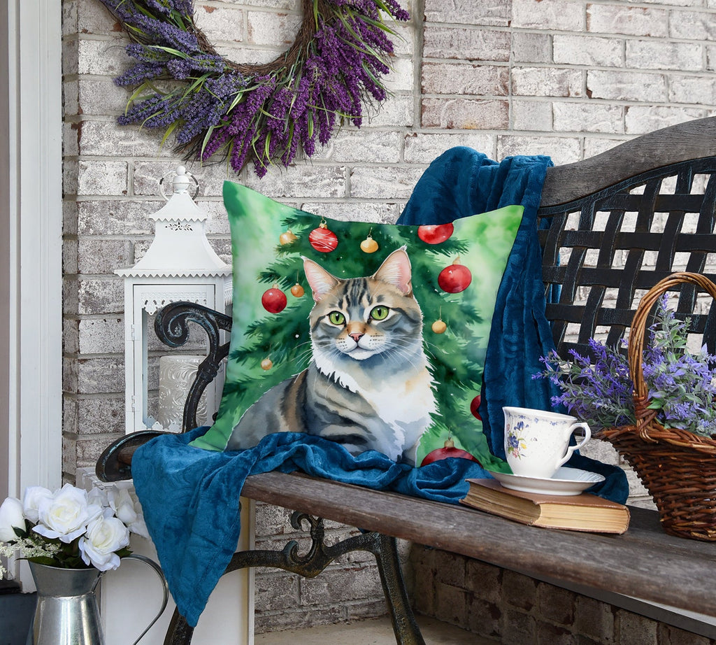 American Bobtail Cat By the Christmas Tree Decorative Throw Pillow 18x18 Indoor Outdoor Accent Cushion, Fabric Cover with Insert for Sofa, Bed, Porch & Living Room