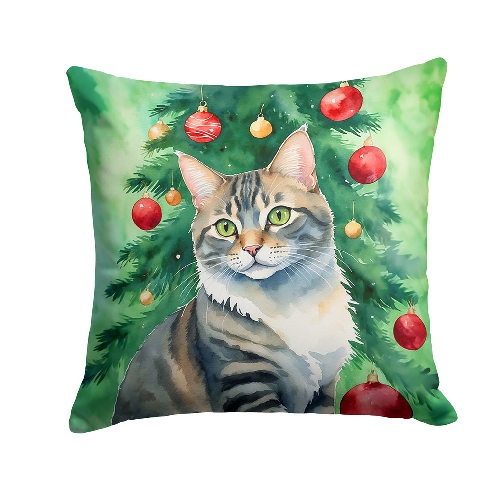 American Bobtail Cat By the Christmas Tree Decorative Throw Pillow 18x18 Indoor Outdoor Accent Cushion, Fabric Cover with Insert for Sofa, Bed, Porch & Living Room